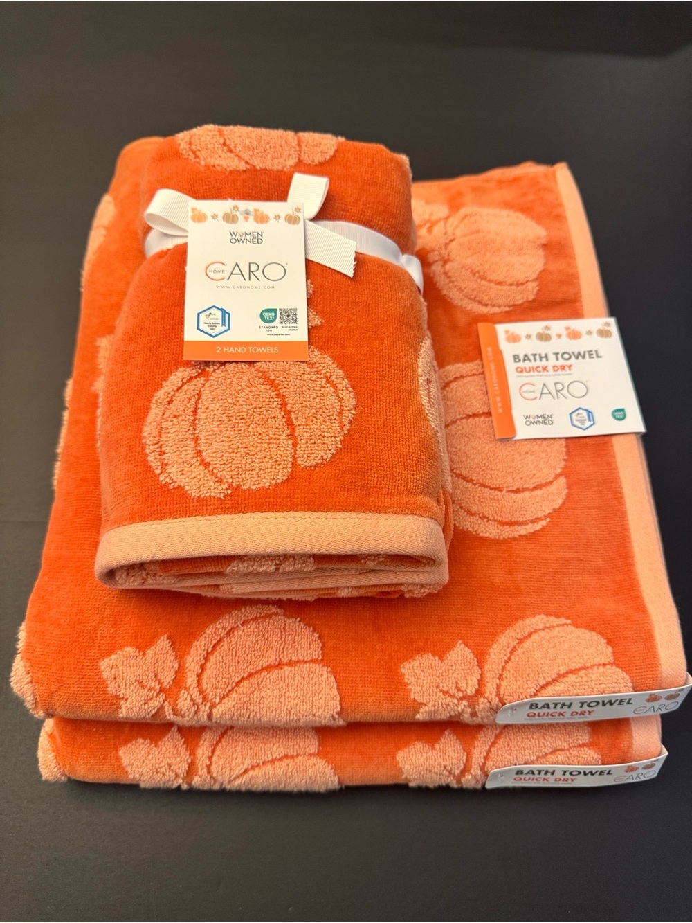 4pc CARO HOME Pumpkin Pattern Orange Bath & Hand Towel Set - Fall - Holiday